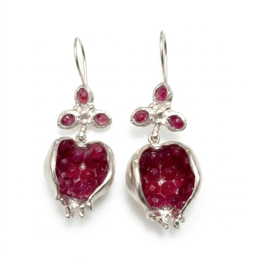 Ruby Jade Pomegranate Earrings – Bronze Silver Plated Boho Oriental Design