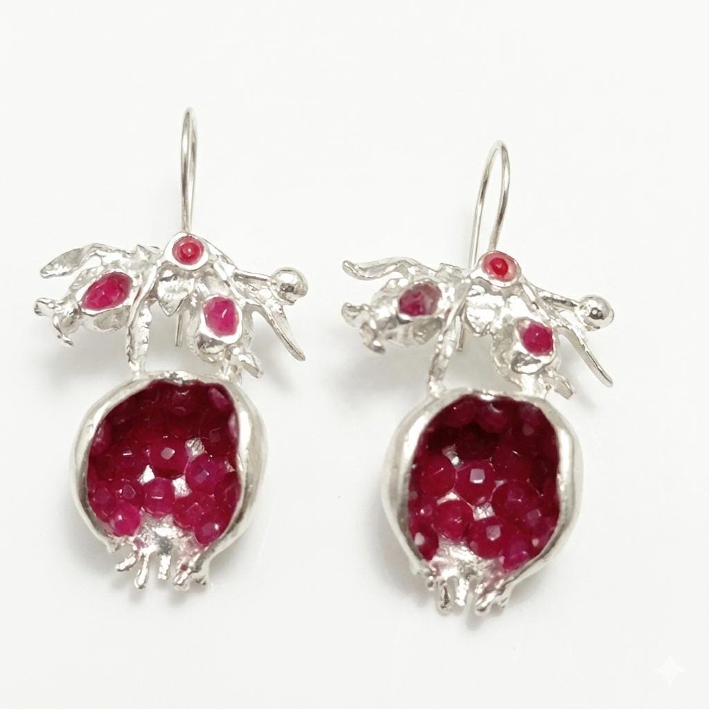 Handmade Pomegranate Seed Earrings – Faceted Ruby Jade, Silver-Plated Bronze Boho Jewelry
