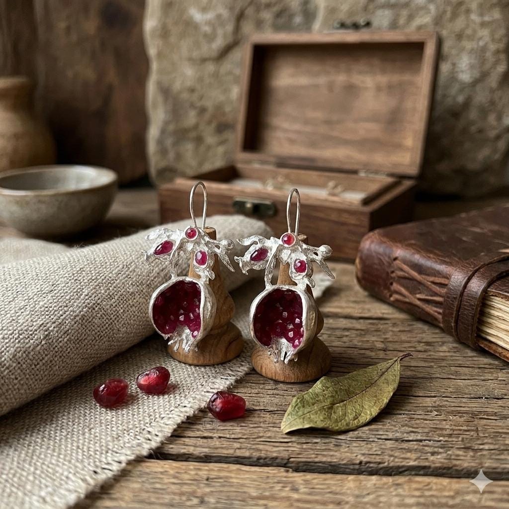 Handmade Pomegranate Seed Earrings – Faceted Ruby Jade, Silver-Plated Bronze Boho Jewelry