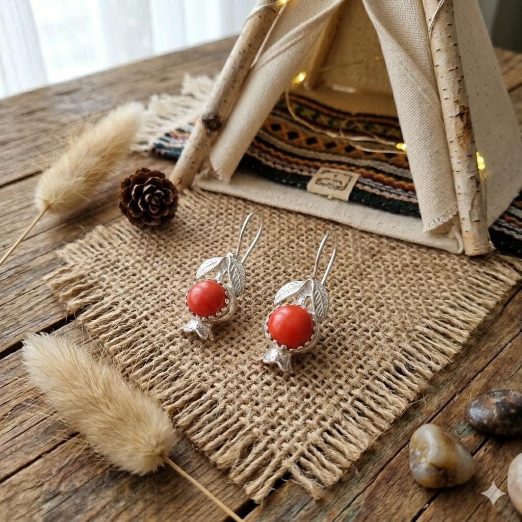 Bronze Silver Plated Pomegranate Earrings with Coral Hook – Greek Mythology Boho Chic Jewelry