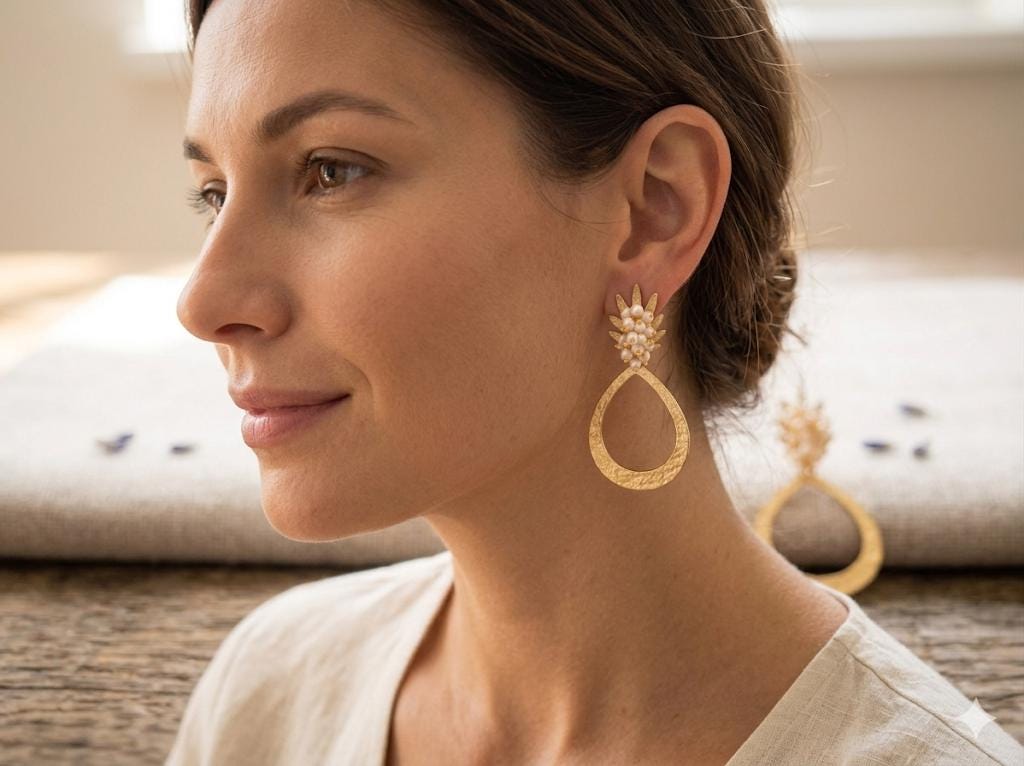 Gold Plated Brass Pineapple Drop Earrings with Pearls – Hypoallergenic Daily Wear Jewelry