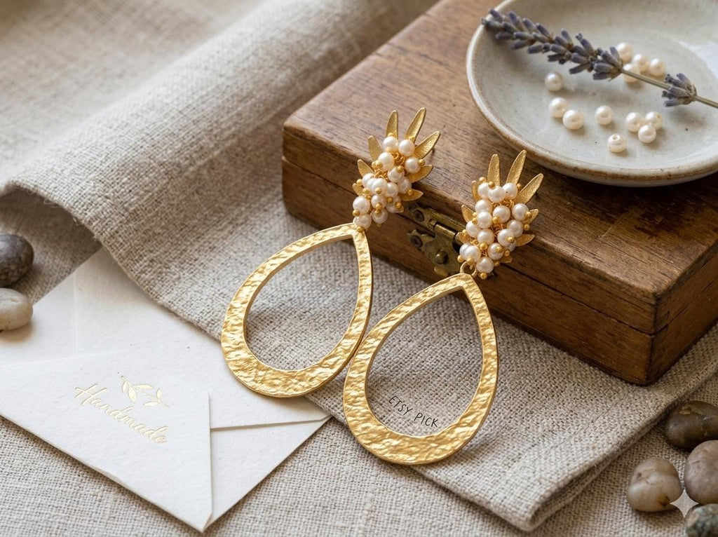 Gold Plated Brass Pineapple Drop Earrings with Pearls – Hypoallergenic Daily Wear Jewelry
