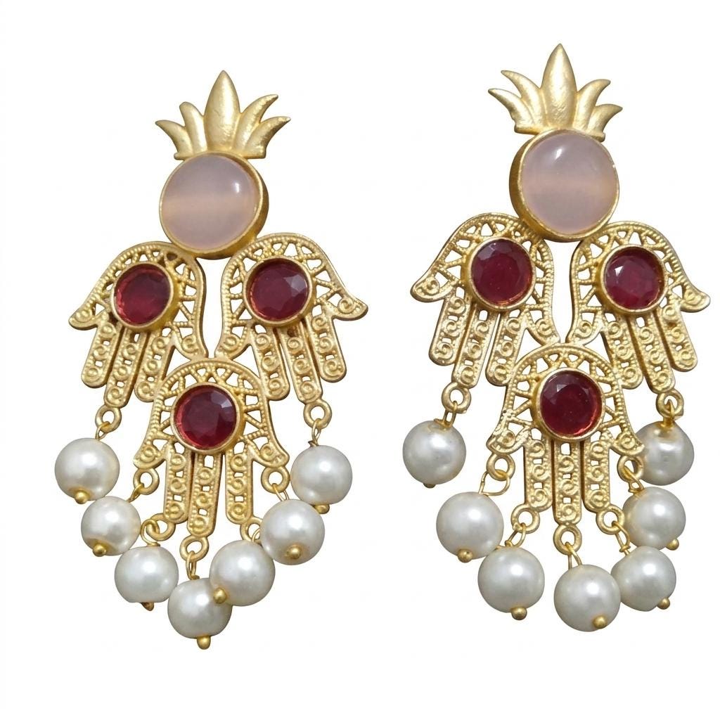 Pink Quartz Iolite Pearl Hamsa Lotus Chandelier Earrings – Gold Plated Dangles