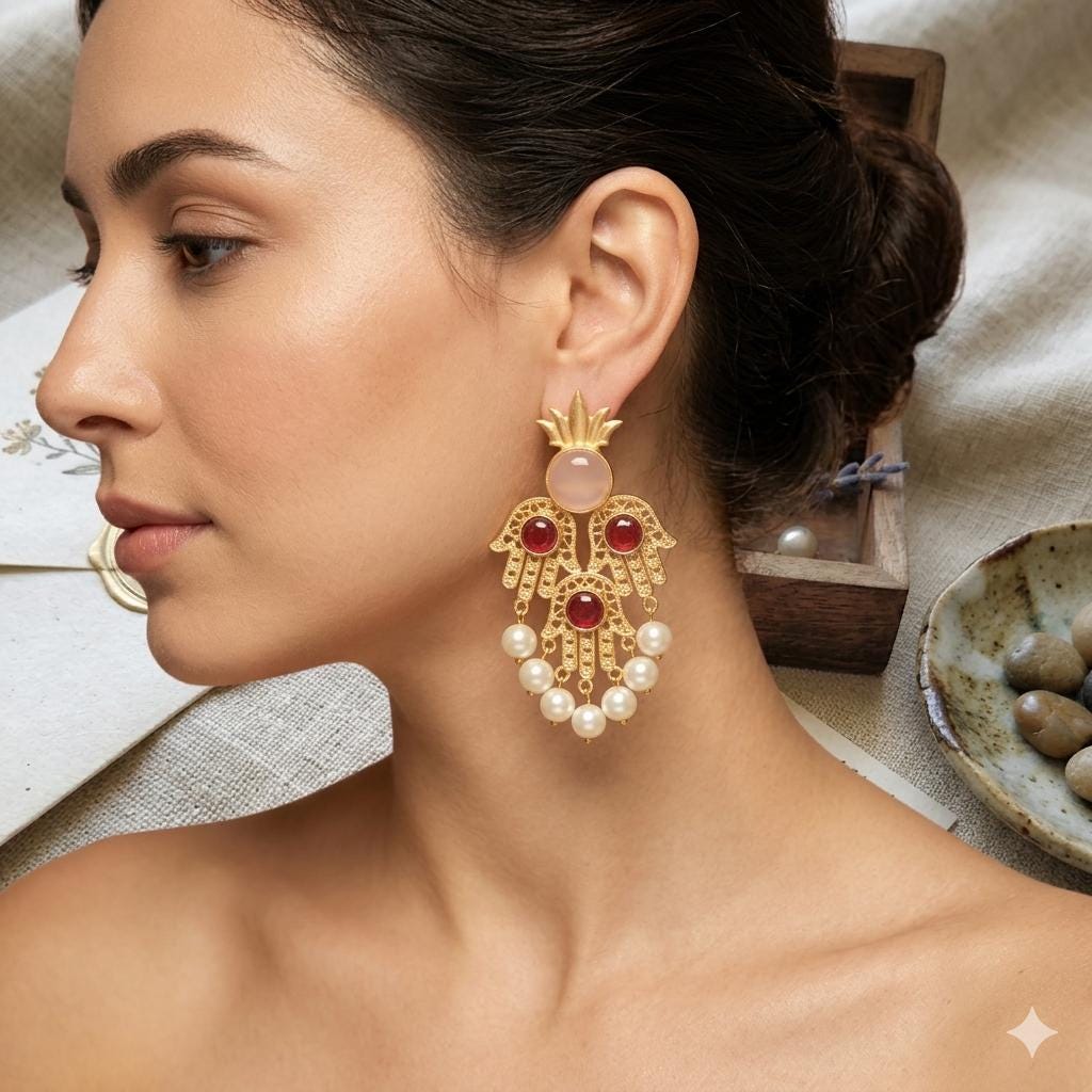 Pink Quartz Iolite Pearl Hamsa Lotus Chandelier Earrings – Gold Plated Dangles