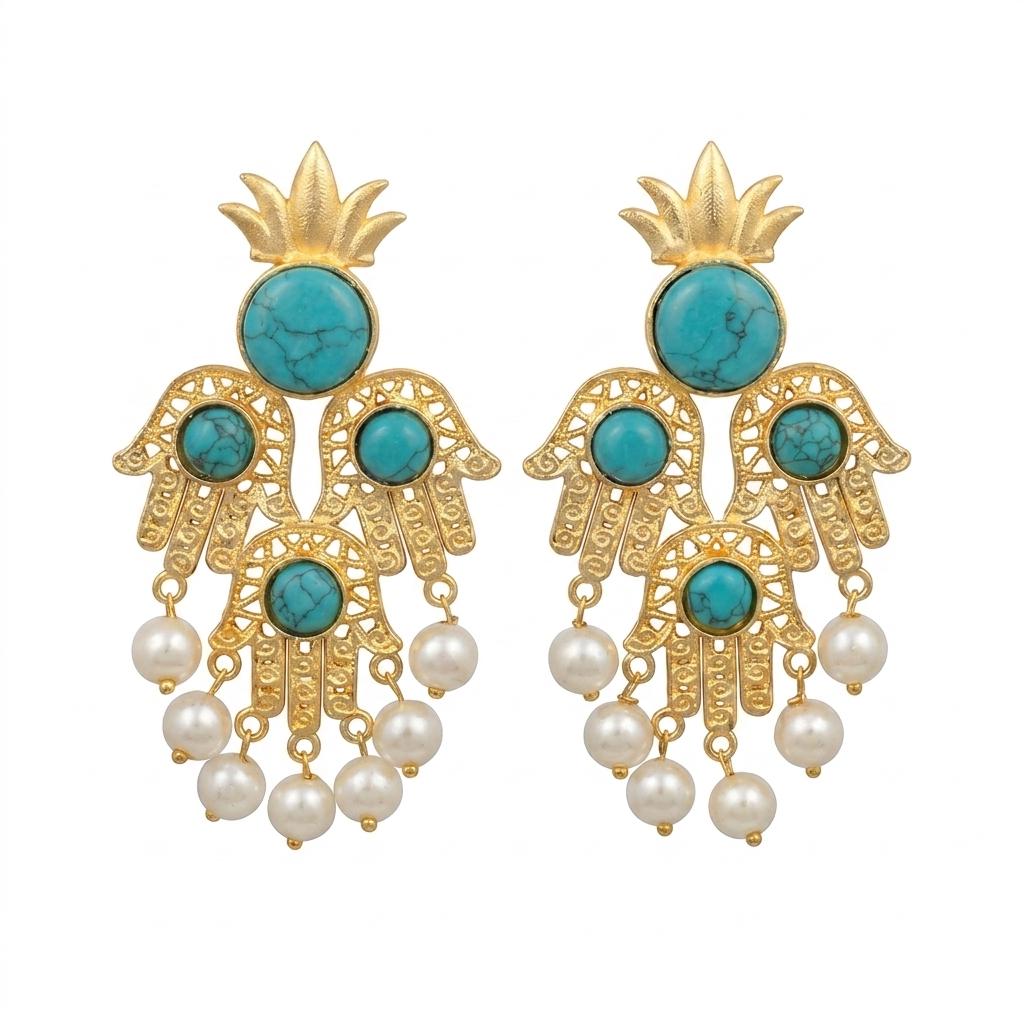 Gold Plated Hamsa Earrings: Blue Howlite, Pearl Chandelier Earrings