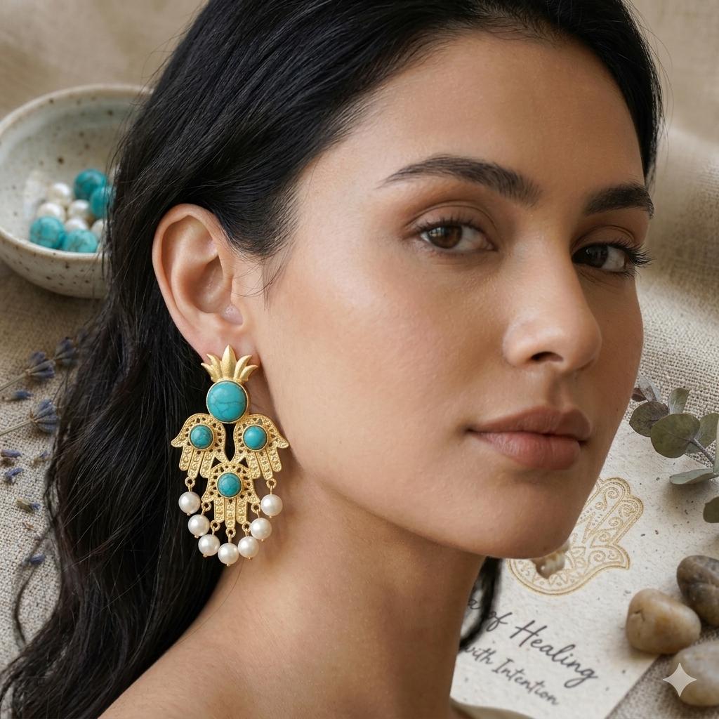 Gold Plated Hamsa Earrings: Blue Howlite, Pearl Chandelier Earrings