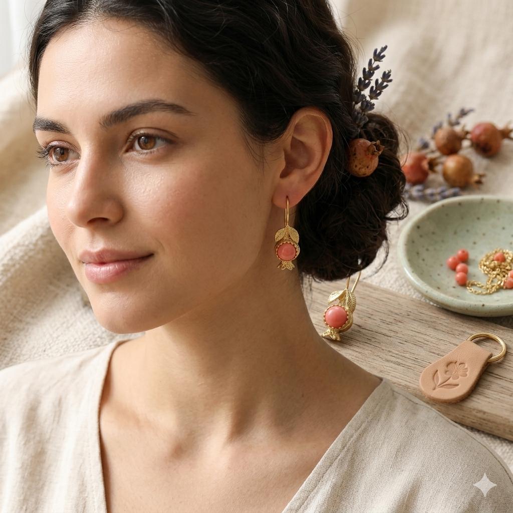 Gold Plated Bronze Pomegranate Earrings – Boho Chic Style, Hypoallergenic Snake Hook