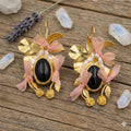 Gold Plated Black Agate Pearl Earrings with Salmon Silk Dangle and Floral Design
