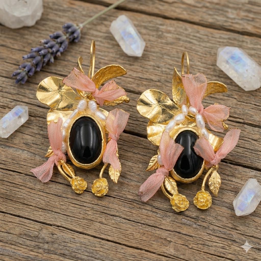 Gold Plated Black Agate Pearl Earrings with Salmon Silk Dangle and Floral Design