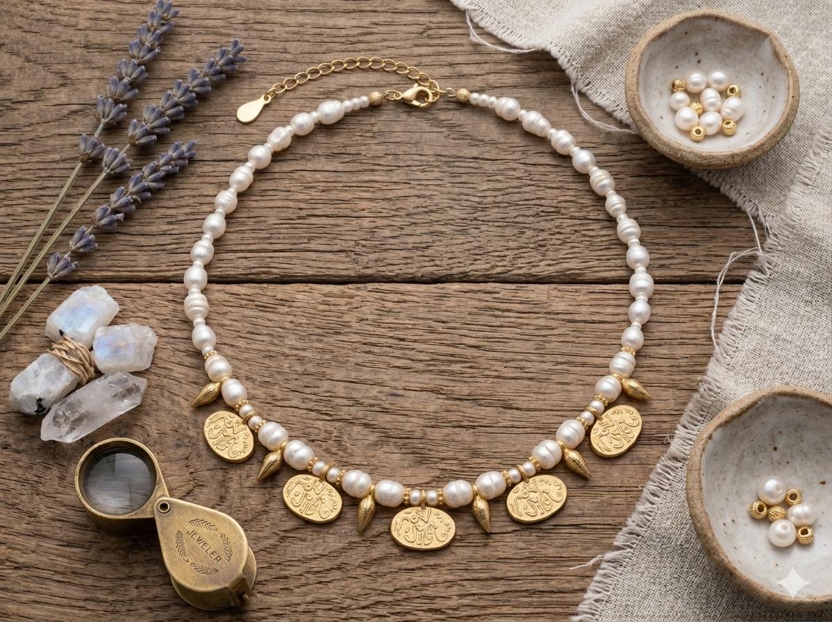 Gold Plated Pearl Turkish Bridal Necklace with Brass Beads – Wedding Jewelry