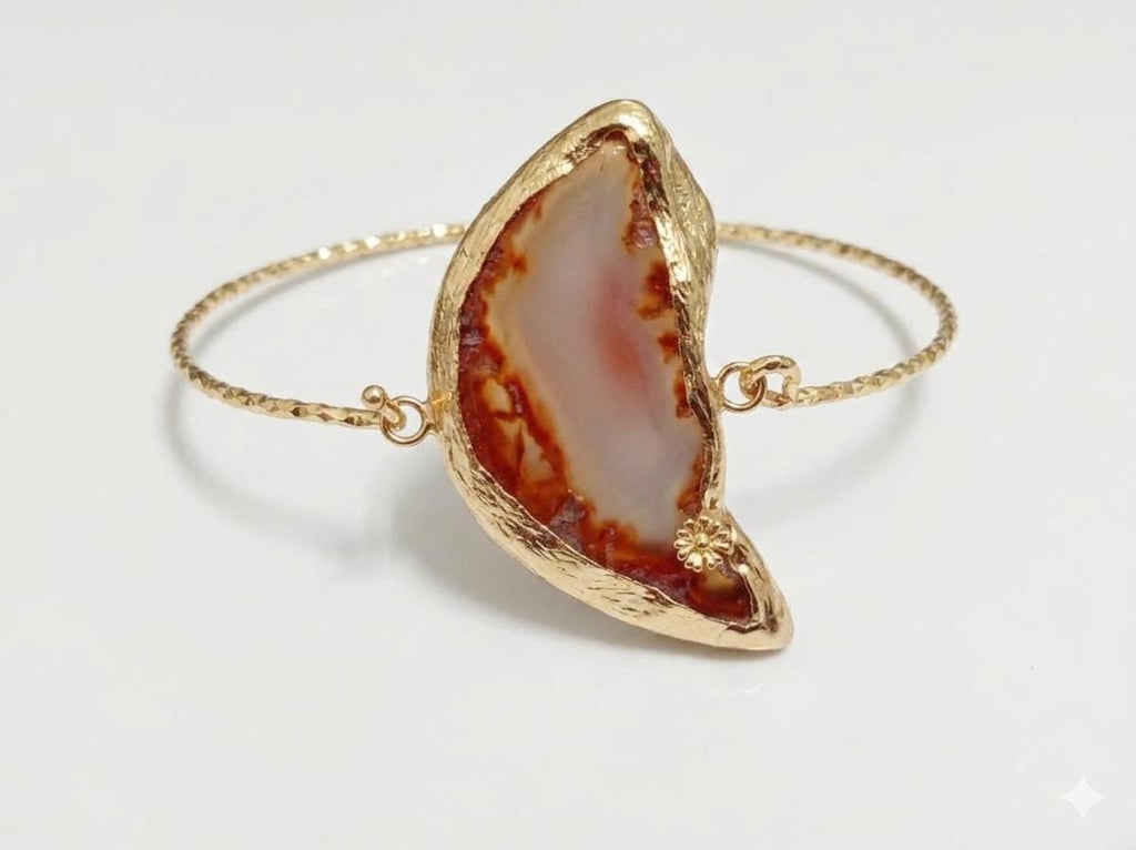 Boho Agate Moon Bracelet, Turkish Gemstone Jewelry, Gold Plated Brass Unique Design