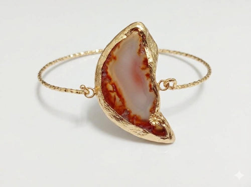 Boho Agate Moon Bracelet, Turkish Gemstone Jewelry, Gold Plated Brass Unique Design