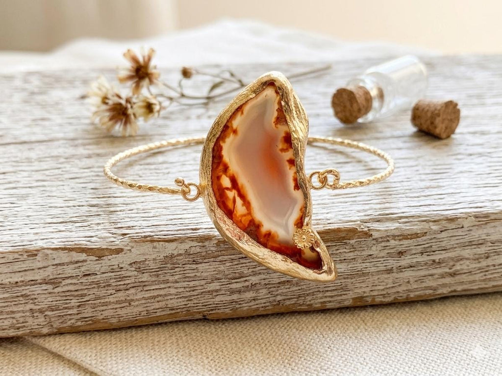 Boho Agate Moon Bracelet, Turkish Gemstone Jewelry, Gold Plated Brass Unique Design