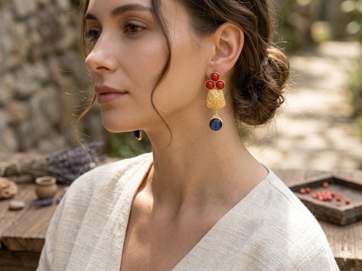 Gold Plated Brass Earrings with Coral Blue Cat Eye – Dangle Daisy Flower Studs