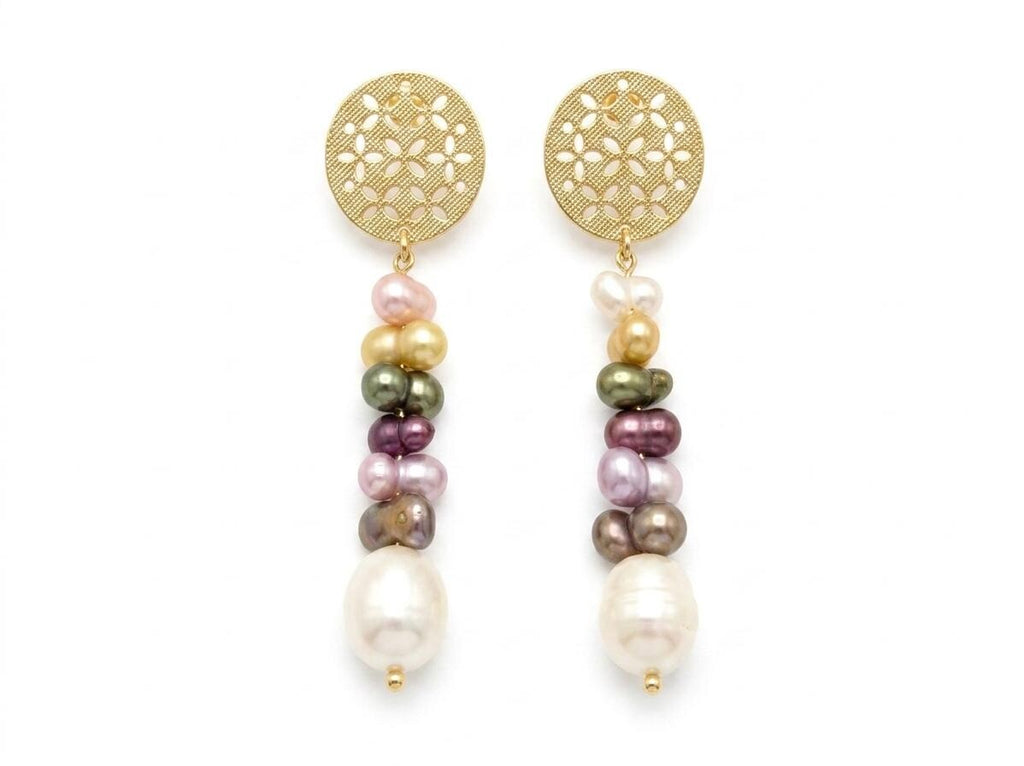 Gold Plated Brass Dangle Earrings with Multicolour Pearls