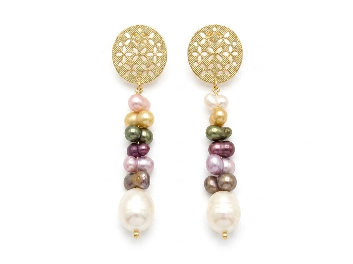 Gold Plated Brass Dangle Earrings with Multicolour Pearls