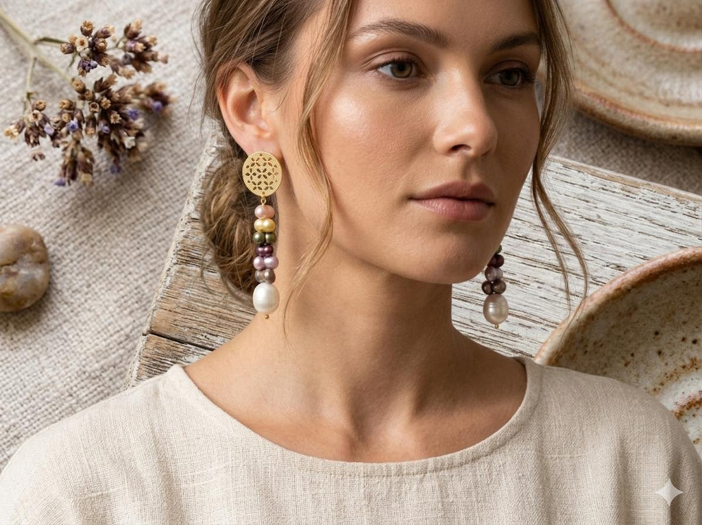 Gold Plated Brass Dangle Earrings with Multicolour Pearls