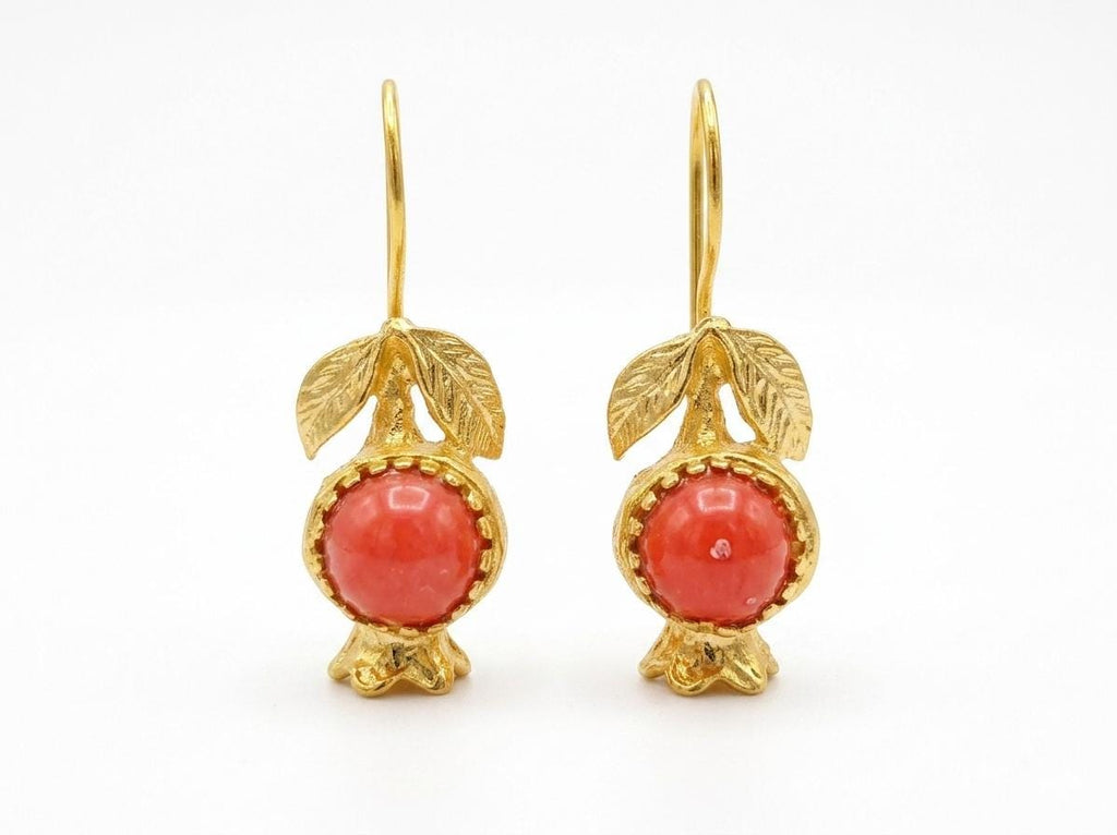 Gold Plated Pomegranate Earrings, Coral Boho Dangle Earrings