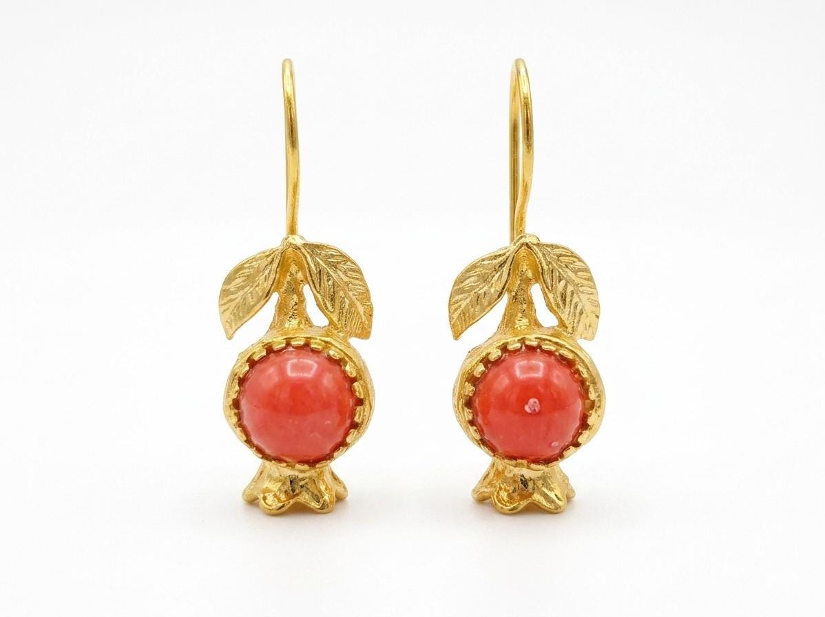 Gold Plated Pomegranate Earrings, Coral Boho Dangle Earrings