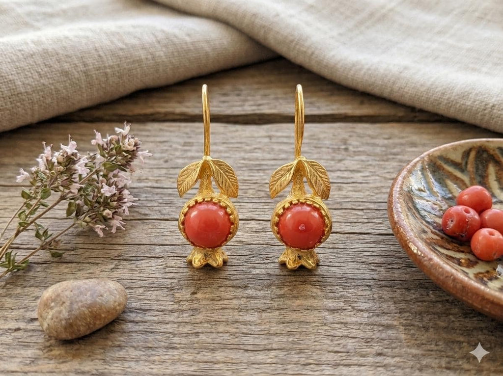 Gold Plated Pomegranate Earrings, Coral Boho Dangle Earrings