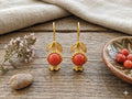 Gold Plated Pomegranate Earrings, Coral Boho Dangle Earrings