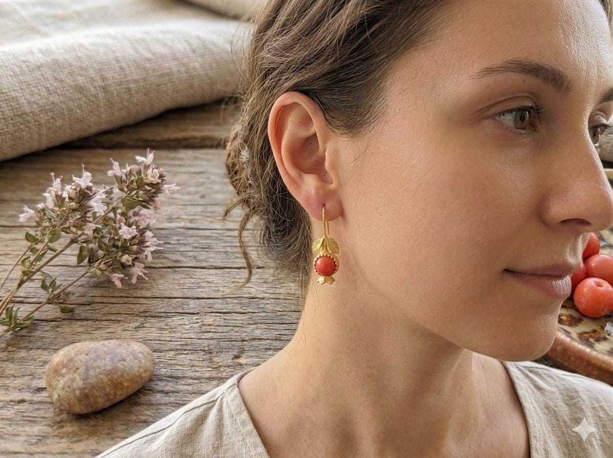 Gold Plated Pomegranate Earrings, Coral Boho Dangle Earrings