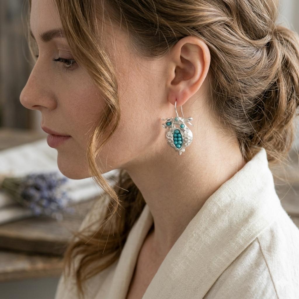 Silver Plated Pomegranate Earrings, Turquoise Boho Dangle Earrings