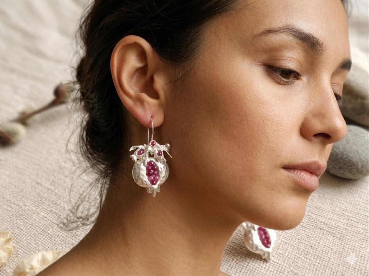 Silver Plated Pomegranate Earrings, Ruby Jade, Boho Tribal Style