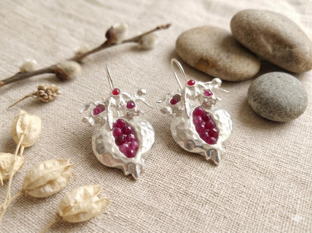 Silver Plated Pomegranate Earrings, Ruby Jade, Boho Tribal Style