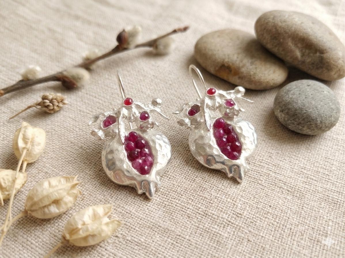Silver Plated Pomegranate Earrings, Ruby Jade, Boho Tribal Style