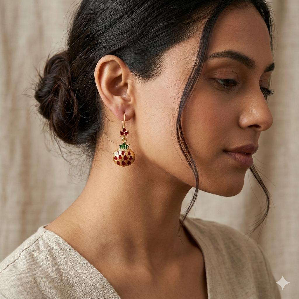 Enamel Pomegranate Dangle Earrings, Gold Plated Bronze, Boho Chic, Fertility Symbol