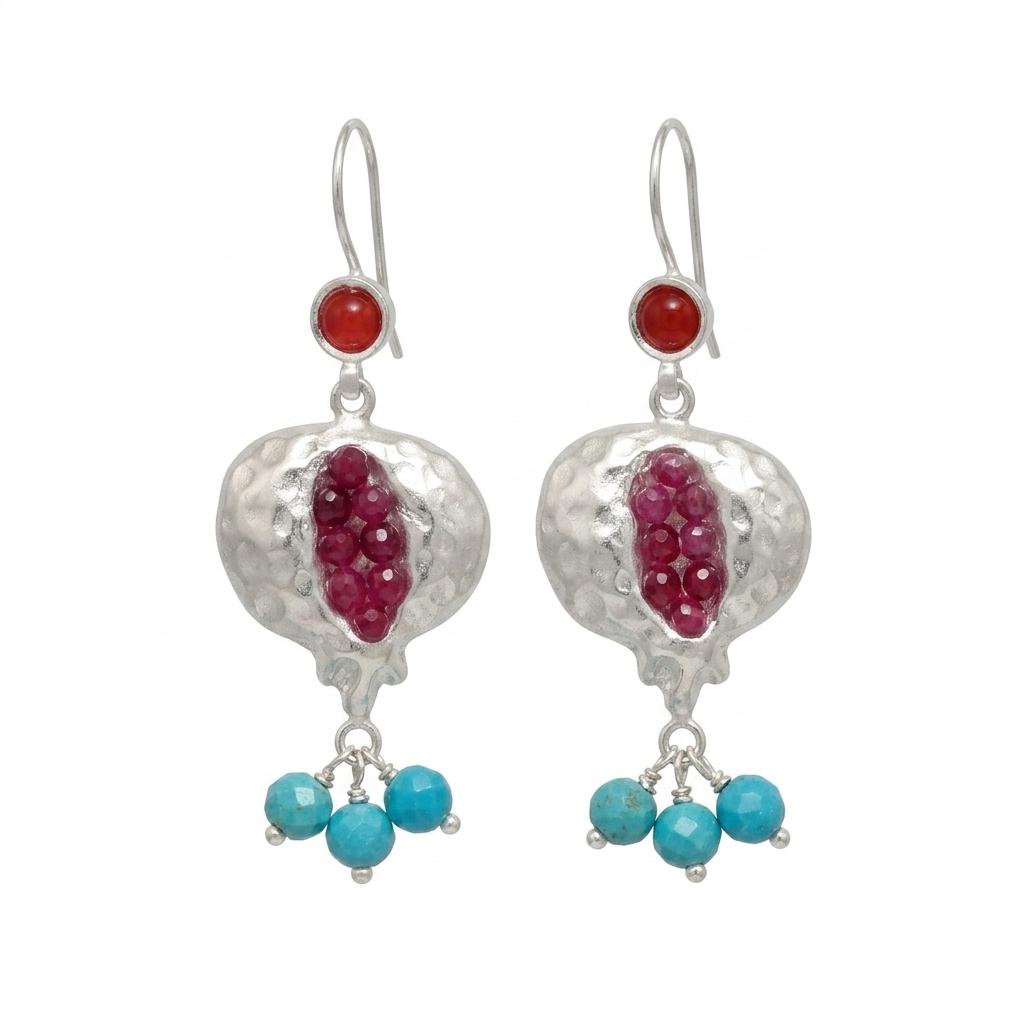 Handmade pomegranate Earrings: Silver Plated, Ruby Jade & Blue Howlite, Boho Style