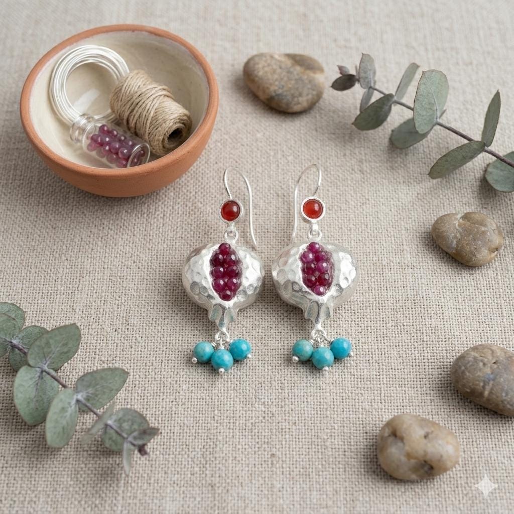 Handmade pomegranate Earrings: Silver Plated, Ruby Jade & Blue Howlite, Boho Style
