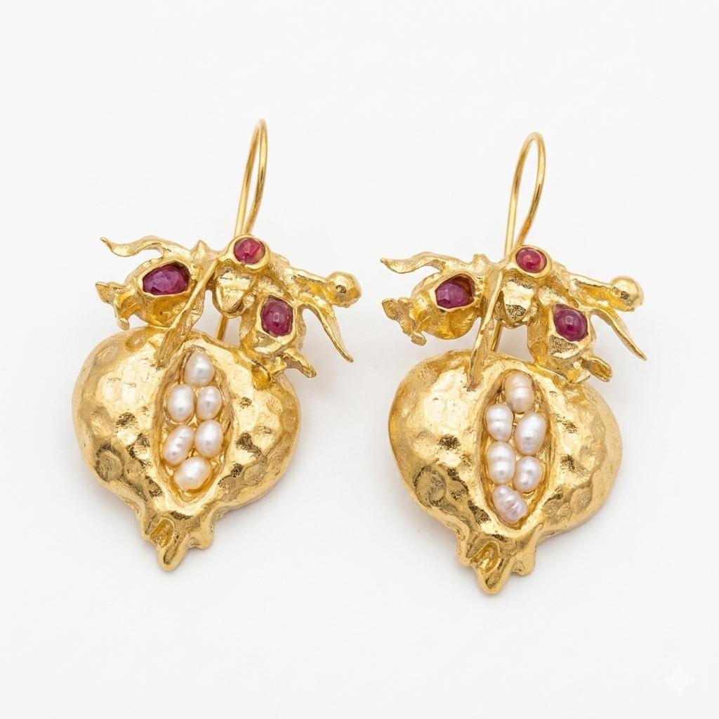 Pomegranate Earrings, Pearl Ruby, Gold Plated Bronze, Boho Turkish Earrings