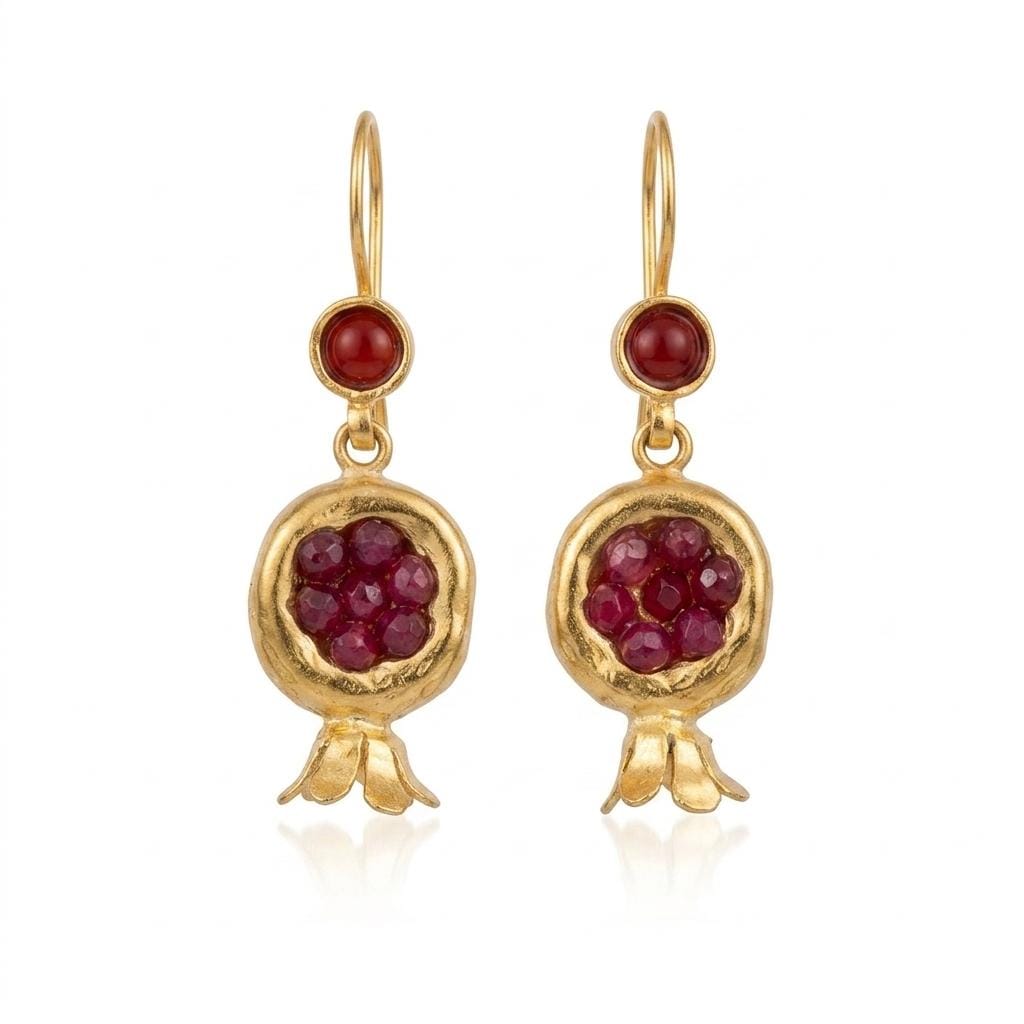 Gold Plated Pomegranate Earrings, Ruby Jade Hook Dangles, Turkish Jewelry