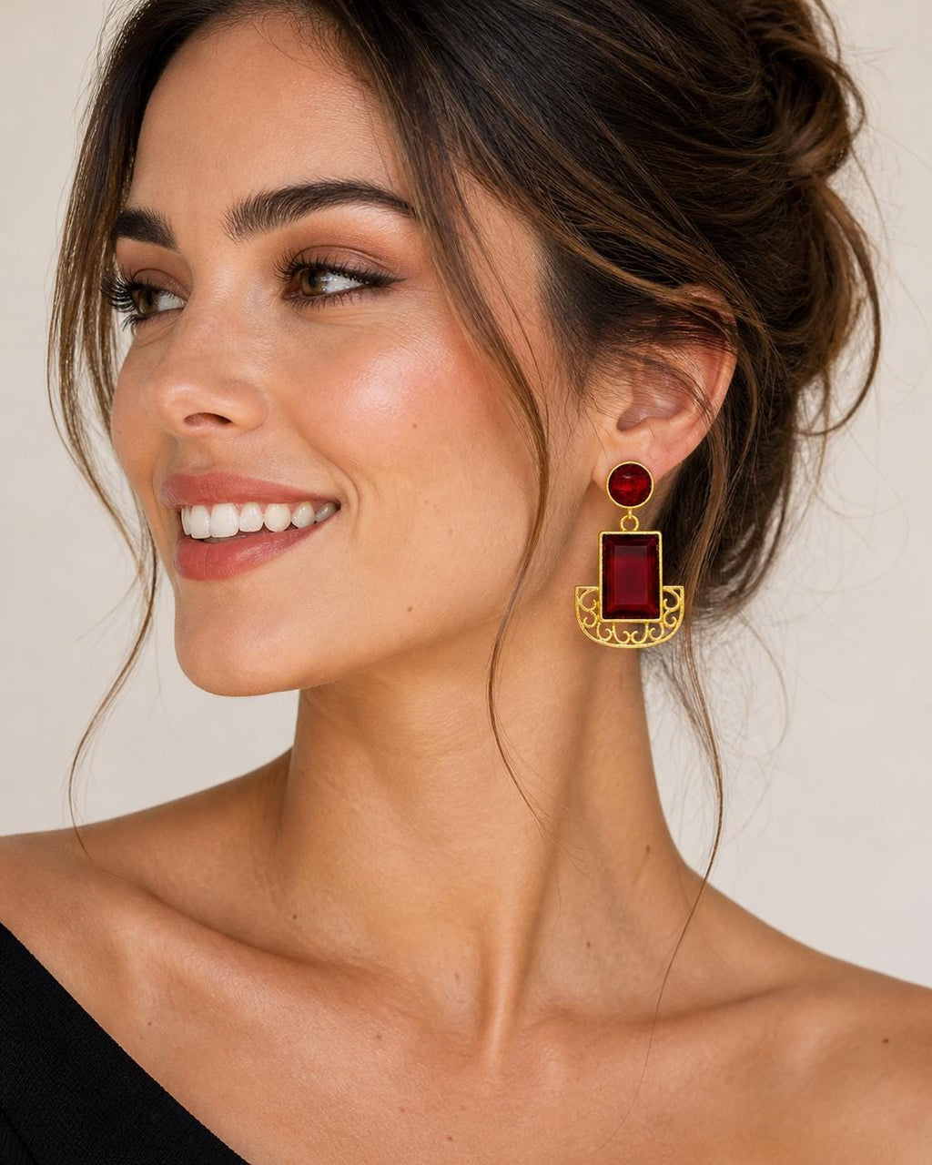 Gold Plated Geometric Garnet Chandelier Earrings – Hypoallergenic Dangle Jewelry