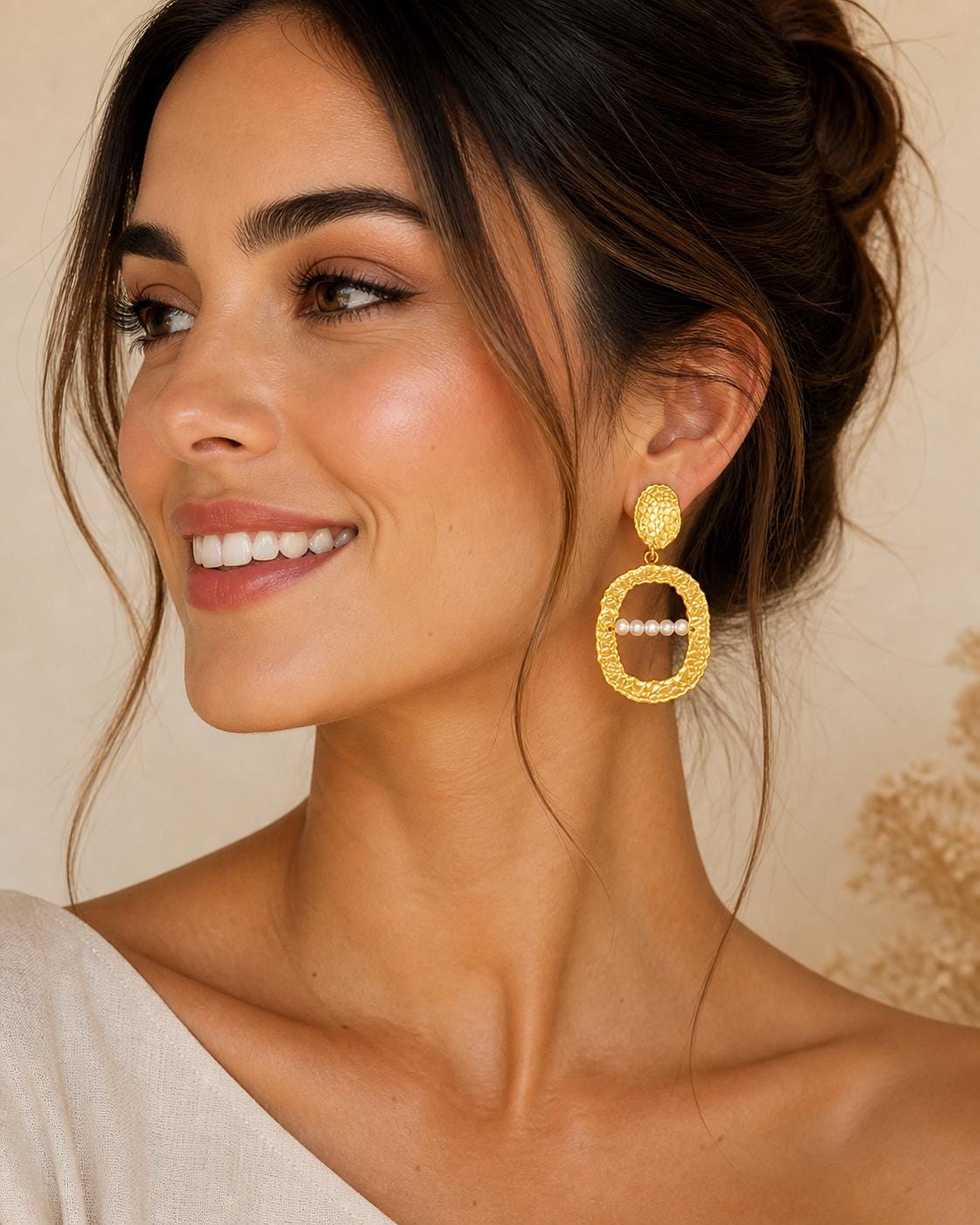 Hammered Oval Earrings, Matte Gold Plated, Pearl Statement Jewelry