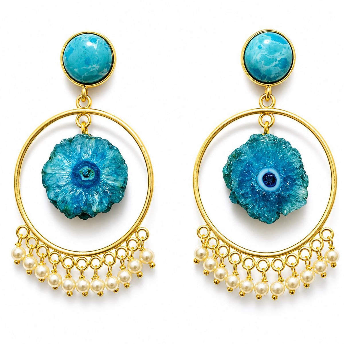 Boho Brass Dangle Gemstone Earrings with Pearls, Larimar Blue Solar Quartz Hoops, Celestial Jewelry