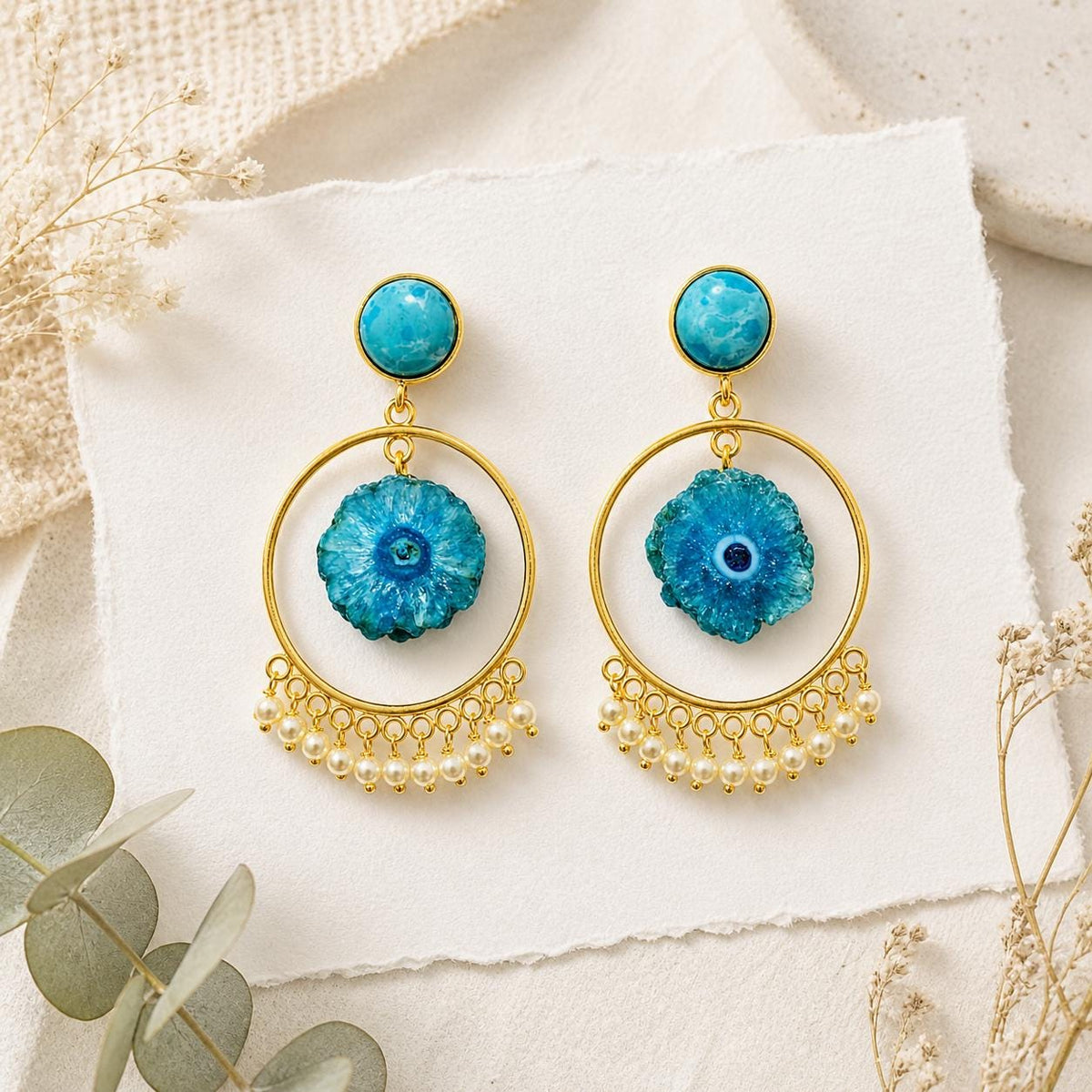 Boho Brass Dangle Gemstone Earrings with Pearls, Larimar Blue Solar Quartz Hoops, Celestial Jewelry