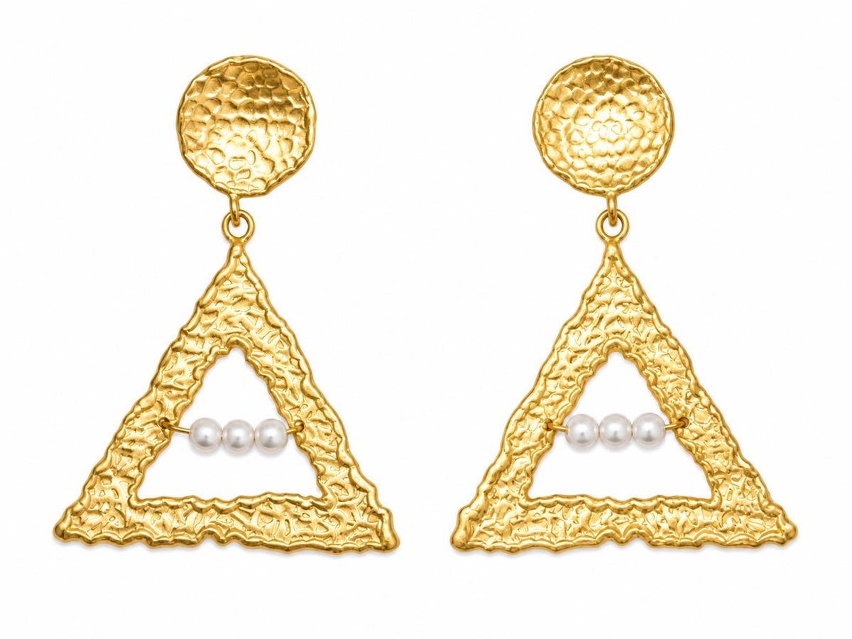 Hammered Triangle Dangle Earrings, Matte Gold Plated, Pearl Statement