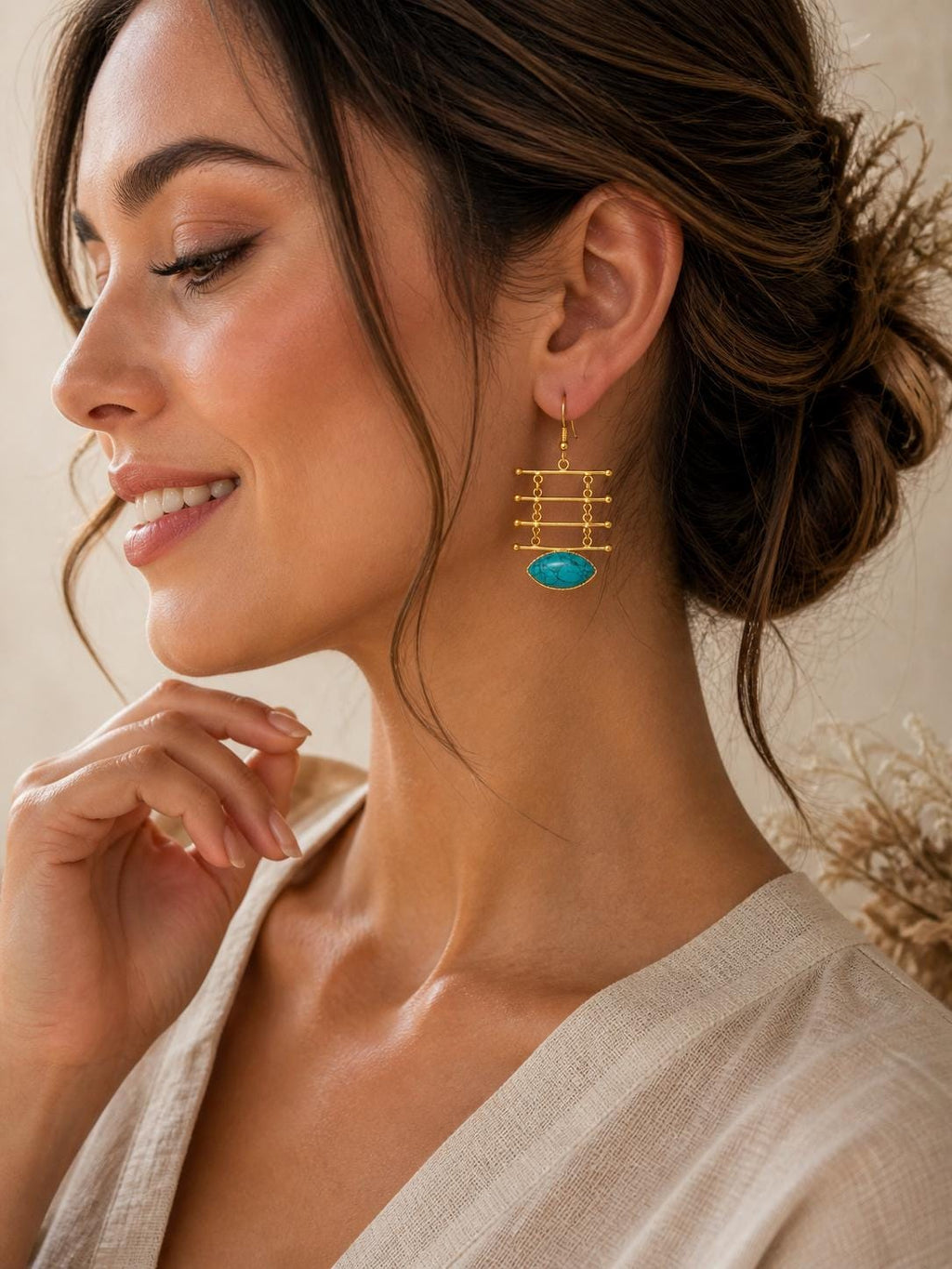Turquoise Howlite Chandelier Earrings, Gold Plated Brass