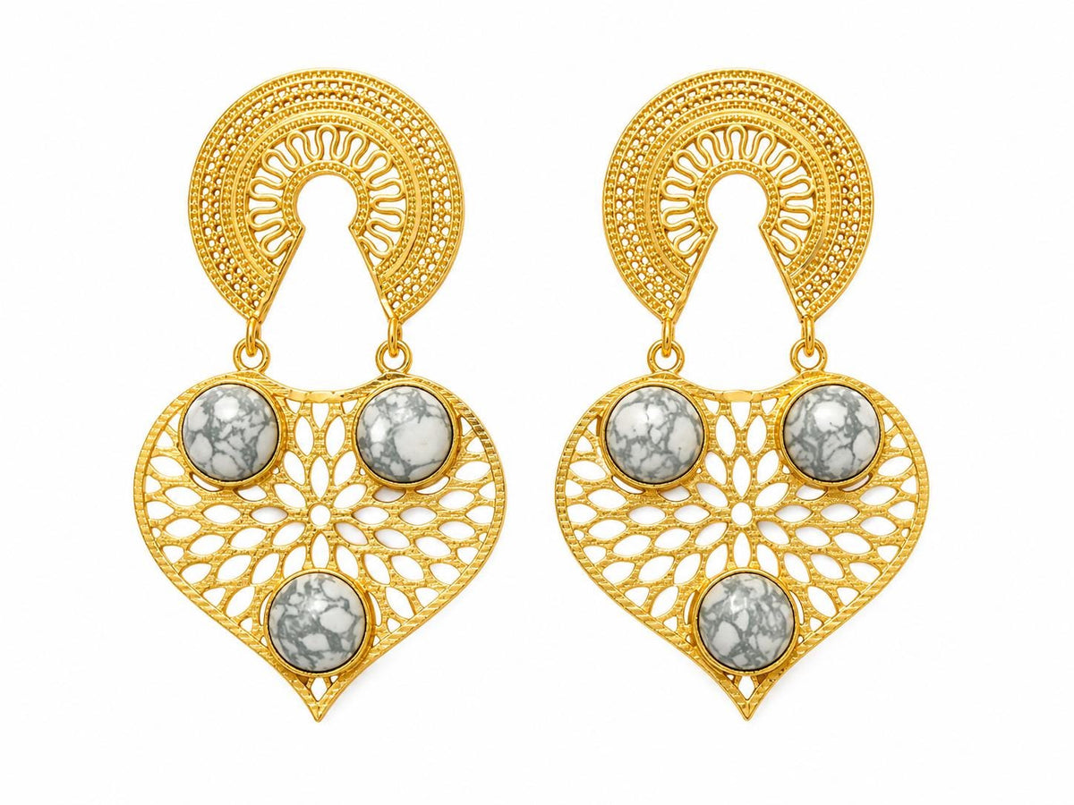 Gold Plated Brass Openwork Earrings with White Howlite, Artisan Dangle Jewelry