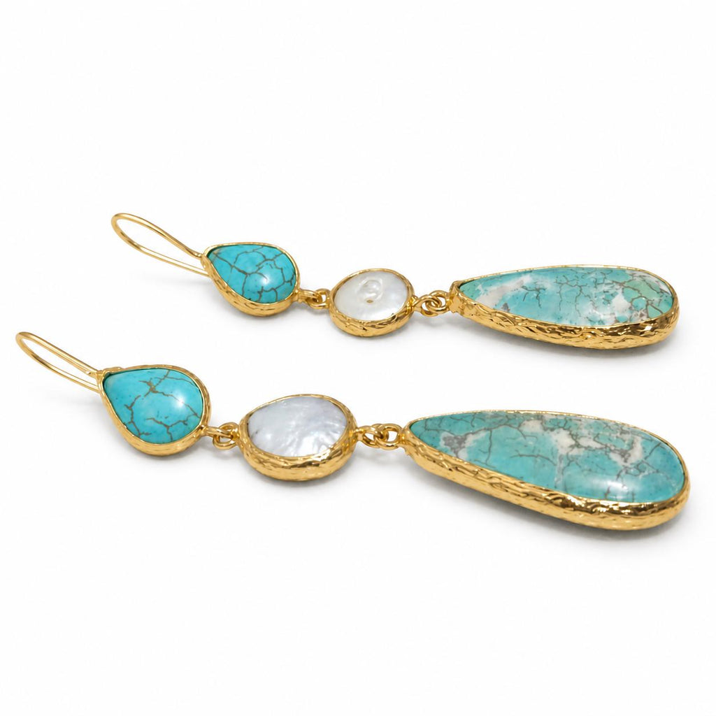 Teardrop Howlite Earrings, Pearl Dangle, Gold Plated