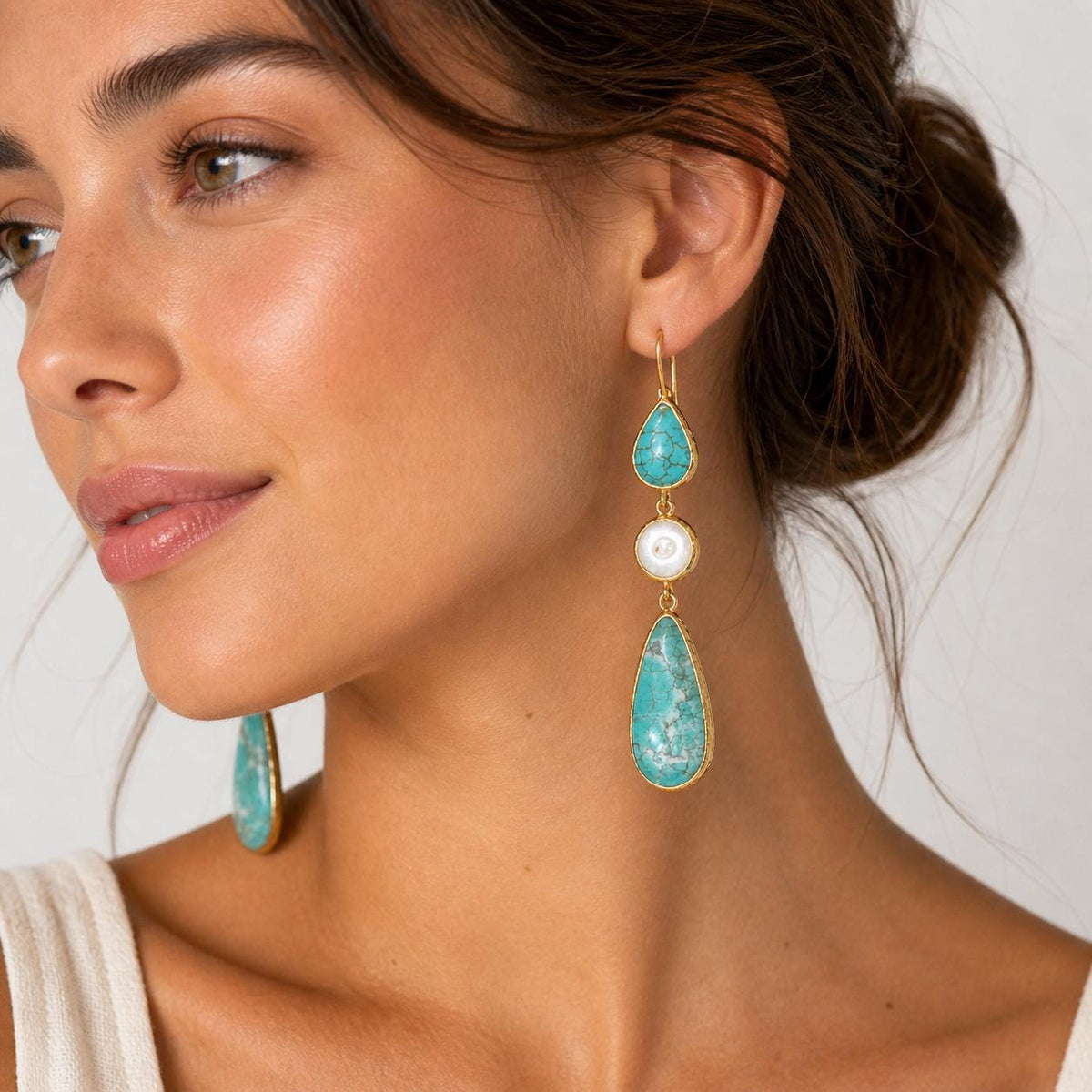 Teardrop Howlite Earrings, Pearl Dangle, Gold Plated