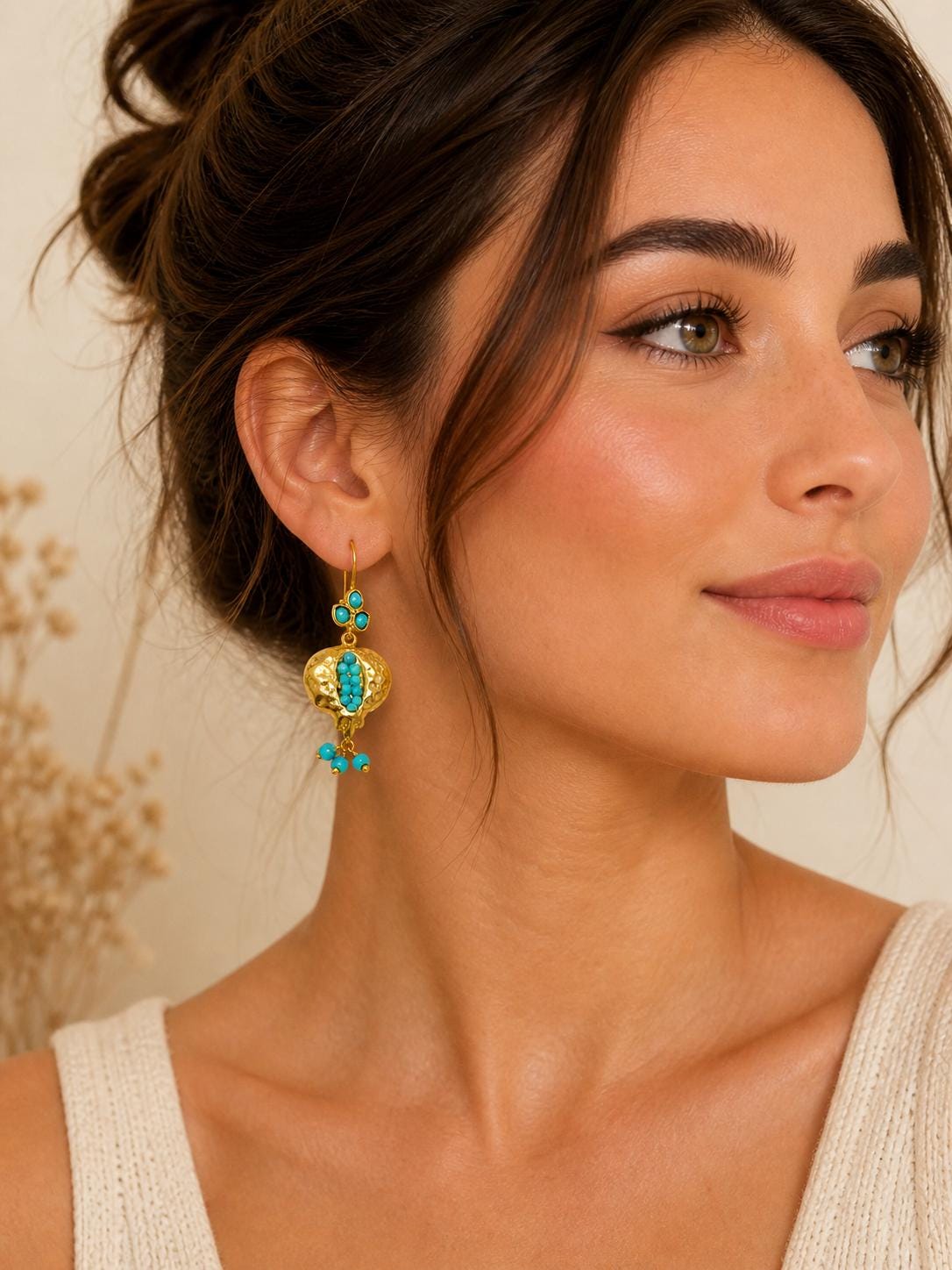 Boho Chic Gold Plated Pomegranate Earrings – Blue Howlite Ottoman Dangles