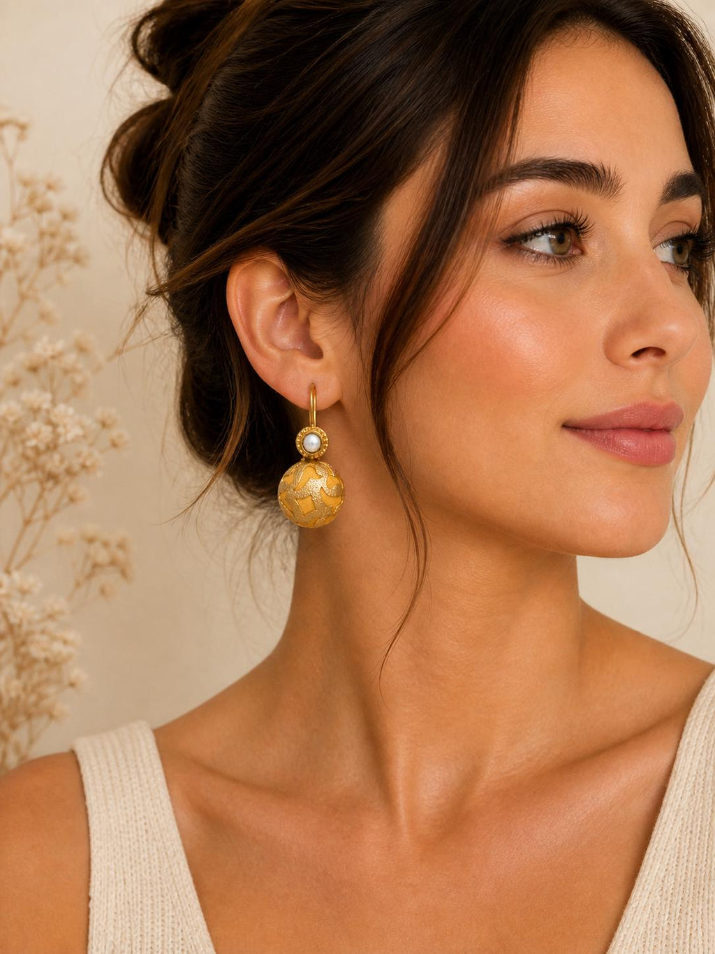 Ottoman Pearl Dangle Earrings, Yellow Turkish Silk, Gold Plated Bronze