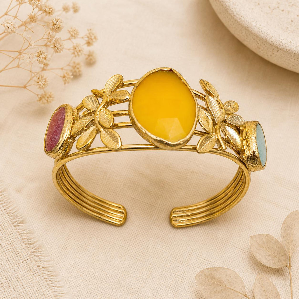 Gold Plated Brass Bangle with Yellow Jade & Agate Leaves Cuff – Adjustable Bracelet