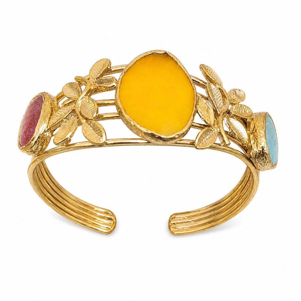 Gold Plated Brass Bangle with Yellow Jade & Agate Leaves Cuff – Adjustable Bracelet