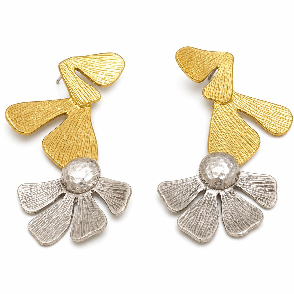 Two Tone Hammered Daisy Earrings, Matte Gold & Silver Plated Brass, Turkish Statement Earrings
