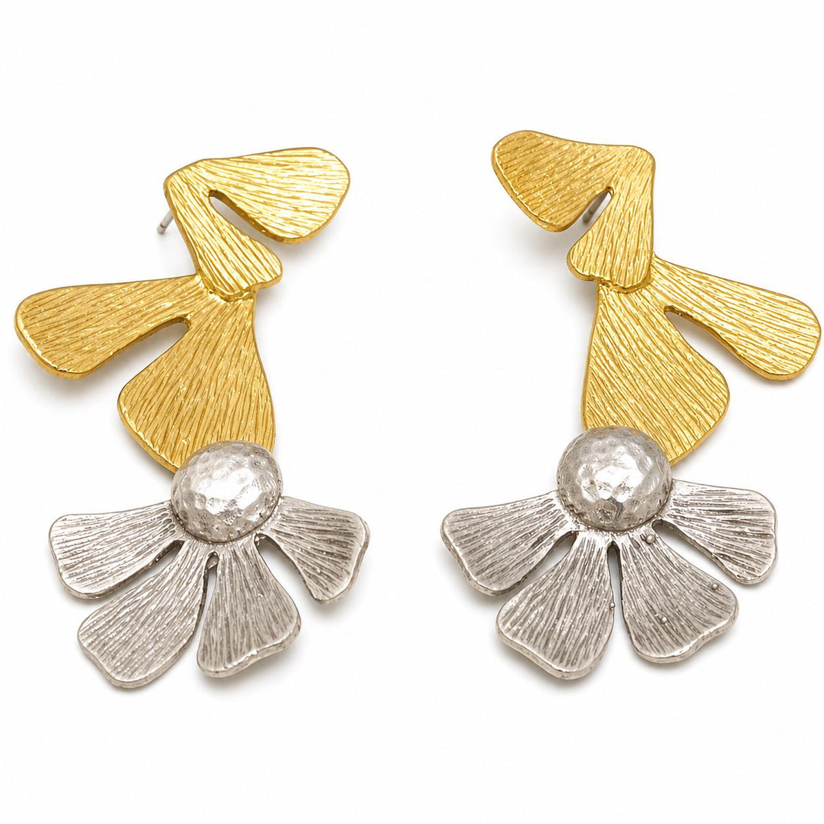 Two Tone Hammered Daisy Earrings, Matte Gold & Silver Plated Brass, Turkish Statement Earrings